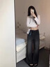 魯雅爾黑灰色闊腿牛仔褲女春秋季復古寬松垂感小個(gè)子顯瘦窄版直筒微喇褲 黑灰色 L 曬單實(shí)拍圖