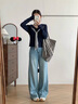 VEGA CHANG長(zhǎng)袖T恤女2025新款秋季學(xué)院風(fēng)海軍領(lǐng)條紋飄帶修身上衣 煙礁藍(lán) S 曬單實(shí)拍圖