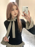 矜持范毛衣女慵懶風(fēng)假兩件格子拼接t恤女秋冬新款設計感小眾針織衫女 黑色 M 建議95-105斤 曬單實(shí)拍圖
