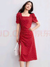 尚都比拉法式連衣裙女夏季方領(lǐng)堆堆袖復古波點(diǎn)抽褶開(kāi)叉A字裙 曬單實(shí)拍圖
