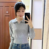 DAVEY MODE灰色polo翻領(lǐng)長(zhǎng)袖針織上衣女裝秋修身短款內(nèi)搭毛衣針織衫女 灰色 M 95-105 曬單實(shí)拍圖