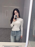 槿城設計感半拉鏈正肩長(cháng)袖t恤女春秋辣妹緊身內搭打底衫高腰短款上衣 白色6355 M 曬單實(shí)拍圖