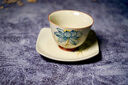 極素彩墨荷花品茗杯碟家用主人杯單杯中式功夫茶具陶瓷喝茶杯子小茶盞 手繪藍荷花_品杯+杯墊 50ml 曬單實(shí)拍圖