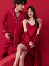 雅鹿結婚睡衣新婚情侶套裝冰絲晨袍女新娘婚用紅色本命年 NSYXX-508純色金邊袍 L 女-(建議105-120斤) 曬單實(shí)拍圖