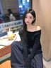 韓系高級感黑色斜肩針織衫女春秋新款內搭打底衫修身顯瘦長(cháng)袖上衣 黑色 M 曬單實(shí)拍圖