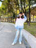 小豬彼特女童套裝春秋2025新款兒童時髦運動衛(wèi)衣洋氣休閑大童喇叭牛仔褲子 13131藍色 120 cm 曬單實拍圖