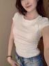 嫻柔不規(guī)則正肩短袖t恤女夏設(shè)計感弧形下擺抽褶辣妹緊身短款女裝上衣 白花灰【褶皺款】 卡碼拍大 L 【100-110斤】 曬單實拍圖