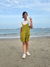 茵曼女童背帶短褲套裝2025夏裝新款短袖中大童洋氣兒童多巴胺兩件套潮 茶綠色 120 曬單實(shí)拍圖