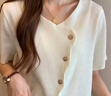 哈魯?shù)隙绦鋞恤女2025夏季新款設(shè)計(jì)感小眾寬松顯瘦V領(lǐng)百搭顯瘦短款上衣服 奶白色 M (100-110) 曬單實(shí)拍圖