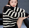 三彩大碼女裝2025冬季新款立領(lǐng)針織衫毛衫黑白條紋長(cháng)袖套頭胖MM 曬單實(shí)拍圖