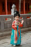 貝優(yōu)可古月家.花想容 漢服女童春秋兒童中國(guó)風(fēng)中秋古裝仙氣表演服連衣裙 上紅下藍(lán) 含披帛（袖子無(wú)珍珠） 110 曬單實(shí)拍圖