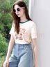 百圖betu女裝2025夏季新款T恤拼色設計夏日印花舒適棉感短袖女2505T16 杏色 M 曬單實(shí)拍圖