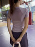 PHIGEER馬拉松跑步運動(dòng)套裝女夏季后口袋放手機健身訓練服專(zhuān)業(yè)速干五分褲 粉紫色兩件套（紫褲） M 曬單實(shí)拍圖
