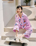 桑羅魔法小狗涂鴉100%桑蠶絲俏皮家居服女四季可穿真絲睡衣套裝 粉色魔法小狗印花 S 曬單實(shí)拍圖