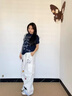 LDBE美式高街格子翻邊口袋工裝牛仔褲女夏季小狗刺繡寬松直筒闊腿長褲 白色 M 曬單實(shí)拍圖