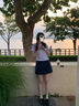 桂岐藏青色山本工裝裙褲女夏季薄款大碼胖mm高腰遮胯顯瘦a字五分褲潮 藏青色 常規 M 曬單實(shí)拍圖