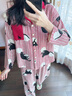 安之伴睡衣女春秋季甜美顯瘦條紋貓咪印花休閑開衫長袖長褲家居服套裝 A酒紅 S 曬單實拍圖