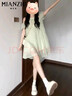棉致法式露肩掛脖吊帶綠色連衣裙女夏季2025新款小個子初戀顯瘦短裙 淺綠色【B2192-1高品質(zhì)35.5】 M 90-100斤 曬單實拍圖