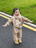 幼歌（YOUGE）嬰幼兒冬季新款純棉保暖條紋毛線(xiàn)褲寶寶柔軟親膚束腳褲 卡其條紋 90 cm 曬單實(shí)拍圖
