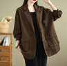 蘑菇同學(xué)文藝斜紋休閑西裝外套女春秋中長(cháng)款寬松顯瘦大碼工裝西服開(kāi)衫上衣 咖色 L 建議100-140斤 曬單實(shí)拍圖