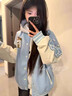 佐敘學(xué)院風(fēng)甜美貓爪刺繡棒球服女2025秋設計感軟糯奶藍撞色夾克外套女 藍色 M （95-110斤） 曬單實(shí)拍圖