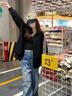 矜持范外套女拼接衛(wèi)衣外套女春秋百搭寬松中長款拉鏈棒球服運動上 黑色 M 90-105斤 曬單實拍圖