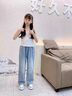 女童牛仔褲2025新款春秋裝兒童洋氣時(shí)髦中大童休閑闊腿褲直筒褲子 天藍色 150 曬單實(shí)拍圖