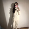 貓人睡衣女純棉100全棉夏季帶胸墊一體裸感長(cháng)袖長(cháng)褲純色夏天家居服 80079-1胸墊款 L 【160-165cm/100-110斤】 曬單實(shí)拍圖