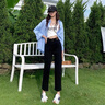 浪莎牛仔褲女春秋季高腰寬松垂感直筒褲女九分窄版煙管褲子女士牛仔褲 黑色 -春秋款 L (推薦110-125斤) 曬單實拍圖