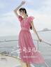 香影v領(lǐng)粉色連衣裙女2025夏裝新款垂感花苞袖高腰海邊度假沙灘裙 粉紅 M 160/84A/95-110斤 曬單實(shí)拍圖