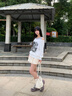 LDBE涂鴉斜肩假兩件衛衣女春秋美式復古寬松慵懶風(fēng)設計感辣妹露肩上衣 白色 S 【80-100斤】 曬單實(shí)拍圖