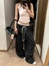 AAISUP假兩件蕾絲拼接雙腰頭休閑褲女2025年春秋寬松垂感顯瘦百搭闊腿褲 黑色 S 曬單實拍圖
