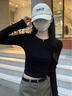 喬詩(shī)彤秋冬季新款圓領(lǐng)正肩長(zhǎng)袖T恤女寬松休閑百搭修身顯瘦上衣潮ins 黑色 M 曬單實(shí)拍圖