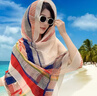 嬈蝶夏季旅游絲巾女防曬空調大披肩海邊沙灘巾復古民族風(fēng)大紅色圍巾 熱賣(mài)多功能手工盤(pán)扣-米彩色條框 180*90 曬單實(shí)拍圖