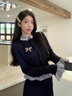 DAVEY MODE秋季穿搭女套裝蝴蝶結長(cháng)袖毛衣女裝寬松顯瘦短款針織衫上衣套裝女 假兩件針織衫+胸針 【單件】 M 100-110 曬單實(shí)拍圖