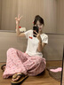 LDBE撞色格子彎刀休閑褲女2025新款秋季設(shè)計(jì)感寬松闊腿褲高腰垂感拖地 粉色 S 曬單實(shí)拍圖
