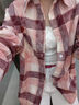 查爾斯桃心格子襯衫長(cháng)袖美式復古襯衣休閑情侶透氣外套 粉白格 XS 曬單實(shí)拍圖