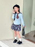 可英 GOWINBABY女童長袖t恤洋氣時髦新款2025秋季小女孩可愛t恤衫女寶娃娃領(lǐng)上衣 藍(lán)色（上衣+格子裙） 130 （適合身高120cm-130cm） 曬單實拍圖
