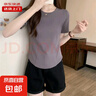 純欲風(fēng)圓領(lǐng)弧形下擺短袖t恤女夏韓版修身不規則上衣短款KJY#A007# KJY#A007#灰色 XL 【110-120斤】 曬單實(shí)拍圖
