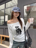衣品元t恤女2026新款純棉字母印花長(cháng)袖寬松顯瘦上衣辣妹露肩打底衫上衣 白色 S (80-100斤） 曬單實(shí)拍圖
