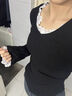 莫代爾V領(lǐng)蕾絲打底衫女內搭上衣早秋基礎百搭修身顯瘦長(cháng)袖t恤黑色 曬單實(shí)拍圖