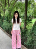 LDBE撞色格子彎刀休閑褲女2025新款秋季設(shè)計(jì)感寬松闊腿褲高腰垂感拖地 粉色 XL 曬單實(shí)拍圖