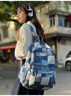 途尊潮流復古牛仔布雙肩包女高中學(xué)生初中生大容量書(shū)包男小眾個(gè)性背包 藍色 曬單實(shí)拍圖