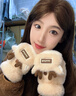 趣木也拼色圣誕鹿半指翻蓋手套女冬天保暖防凍加絨加厚可愛(ài)學(xué)生寫(xiě)字騎車(chē) 卡其色【翻蓋麋鹿手套】 曬單實(shí)拍圖