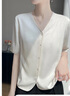 輕奢緞面V領(lǐng)短袖女25新款夏季醋酸褶皺感襯衫休閑顯瘦薄款上衣羊 米白色 XL 130-145斤 曬單實(shí)拍圖