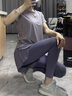 百思絨夏季薄款透氣戶外速干運動套裝女健身服 黑色上衣+黑色長褲 XL 曬單實拍圖