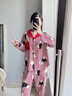 安之伴睡衣女春秋季甜美顯瘦條紋貓咪印花休閑開(kāi)衫長(cháng)袖長(cháng)褲家居服套裝 A酒紅 S 曬單實(shí)拍圖