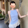 緋垚掛脖吊帶背心女外穿不規則拼接藍色格子設計感修身無(wú)袖上衣帶胸墊 背心帶胸墊【藍格-均碼】 曬單實(shí)拍圖