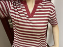 bm風(fēng)美式復古紅色正肩條紋短袖T恤女夏季v領(lǐng)修身短款上衣RL#A016# A016#紅灰色 M 【96斤以下】 曬單實(shí)拍圖