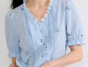 茵曼法式重工刺繡全棉襯衫夏季女裝鏤空花邊V領(lǐng)短袖襯衣 天空藍  XL 曬單實拍圖